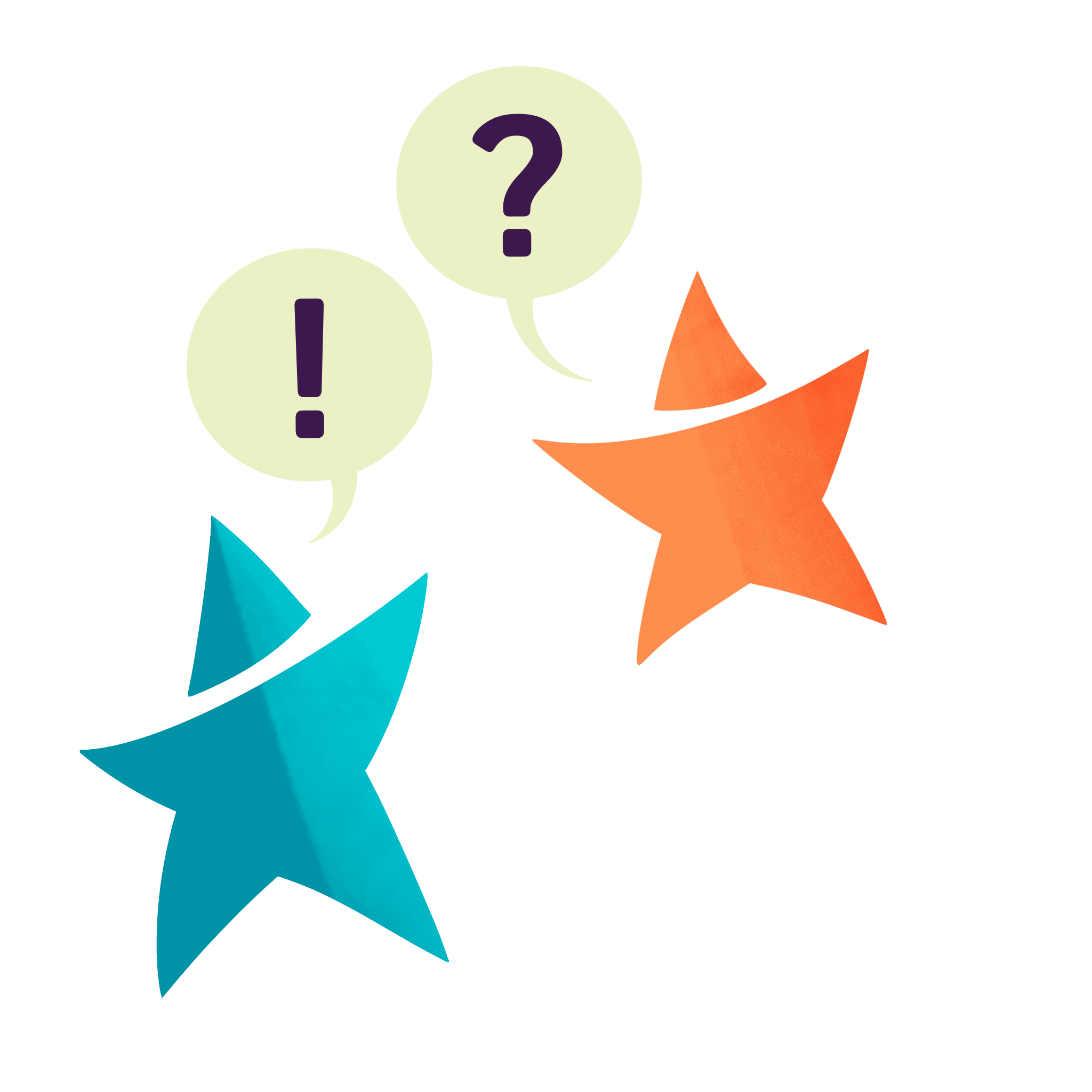 An illustration of a personified star video-chatting with another on a computer. The one on the computer asks a question, and the other answers with an exclamation.
