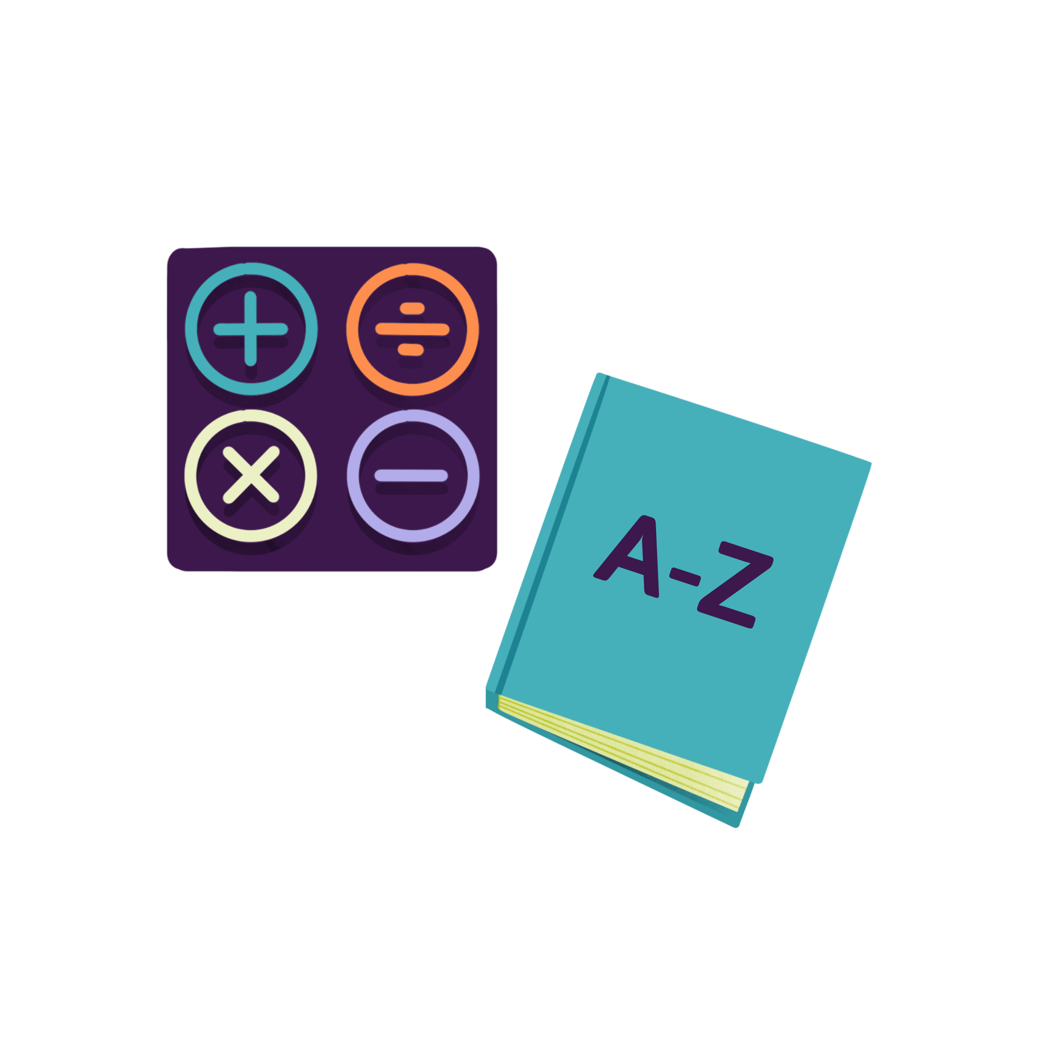 An illustration of a notebook labeled 'A-Z' and a square containing the mathematical symbols for addition, division, multiplication, and subtraction. Surrounding the two are constellations. 